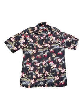 Utility Retro Hawaiian Floral Dancer Button Down Collared Short Sleeve T Shirt